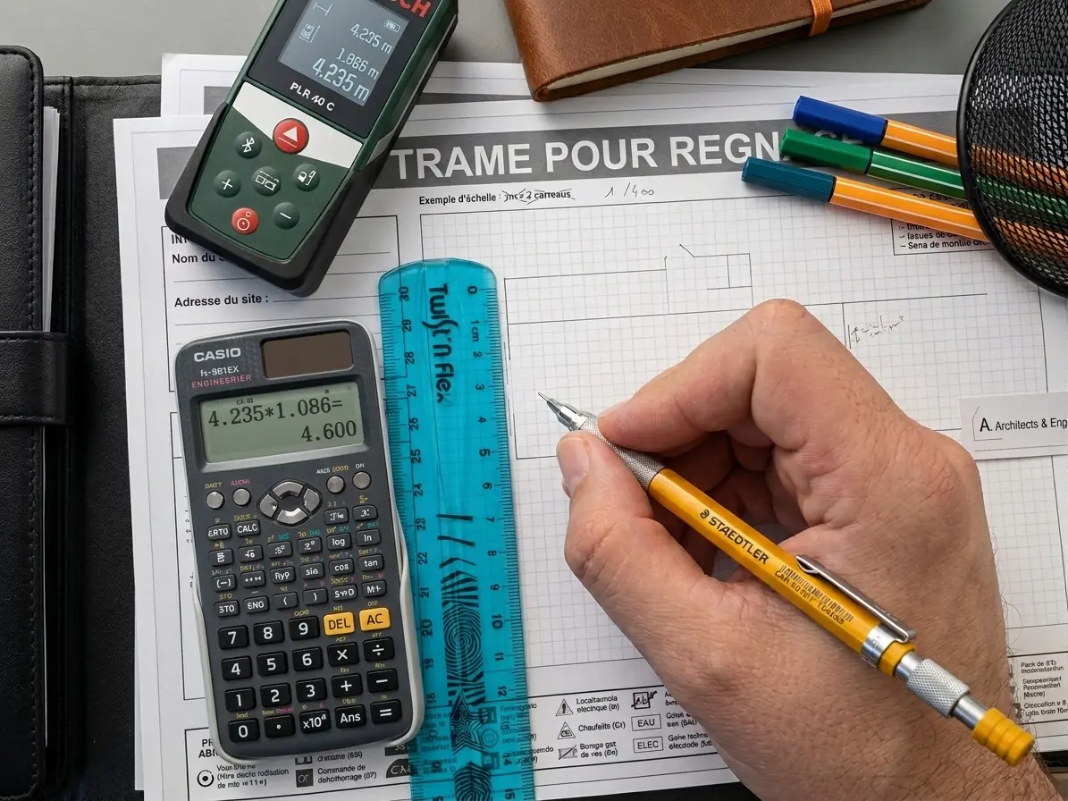 Professionnel réalisant le relevé d'un plan de sécurité sur site